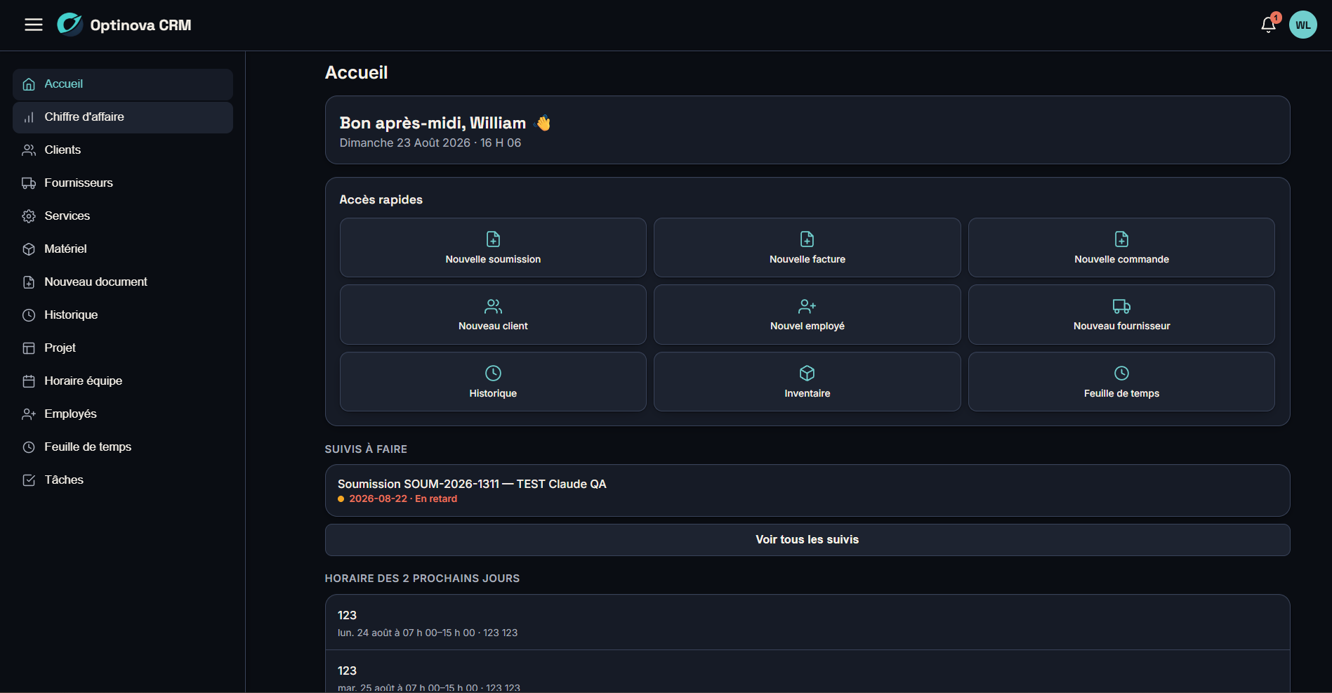 Tableau de bord Accueil du CRM Optinova