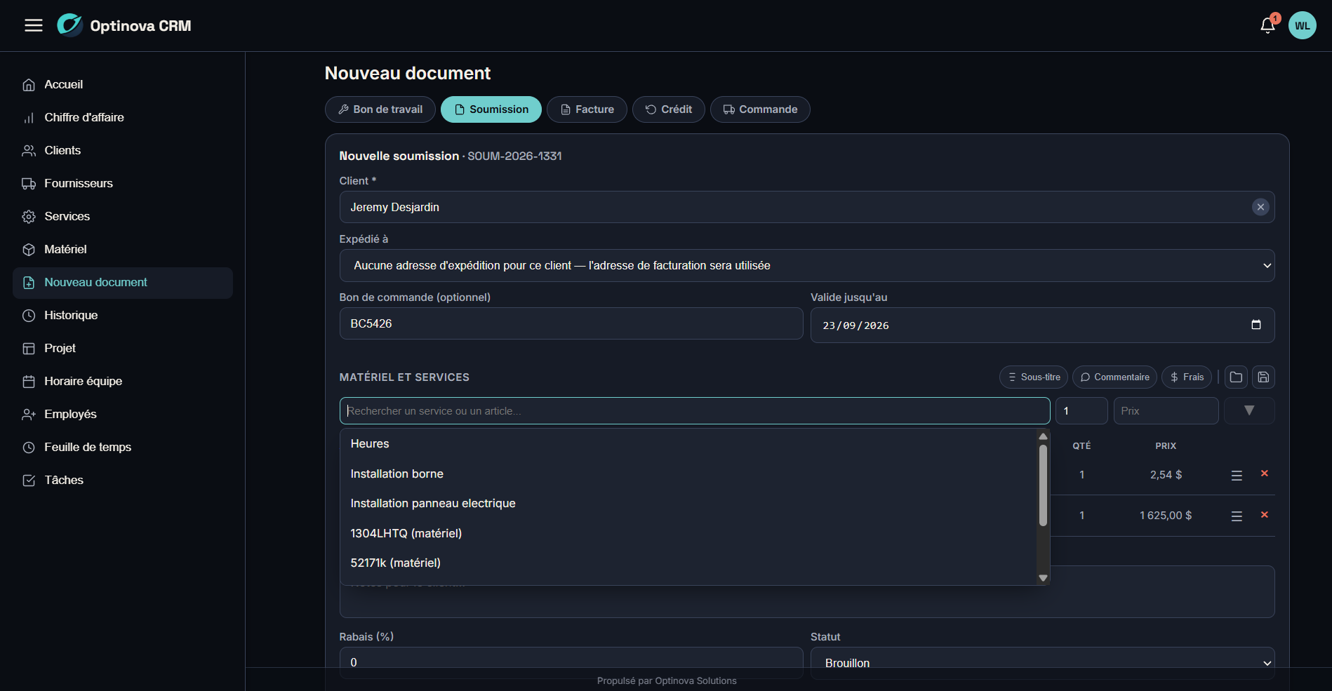 Création d'un document dans le CRM Optinova