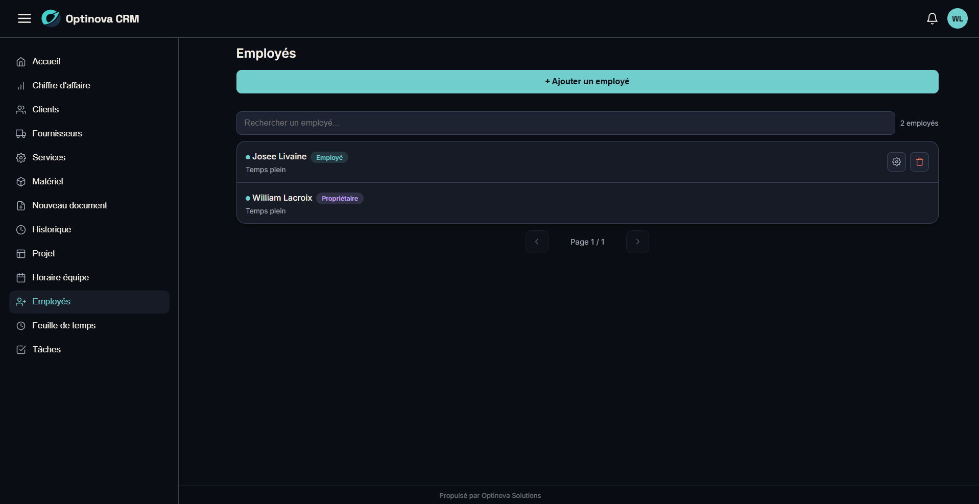 Gestion des employés du CRM Optinova