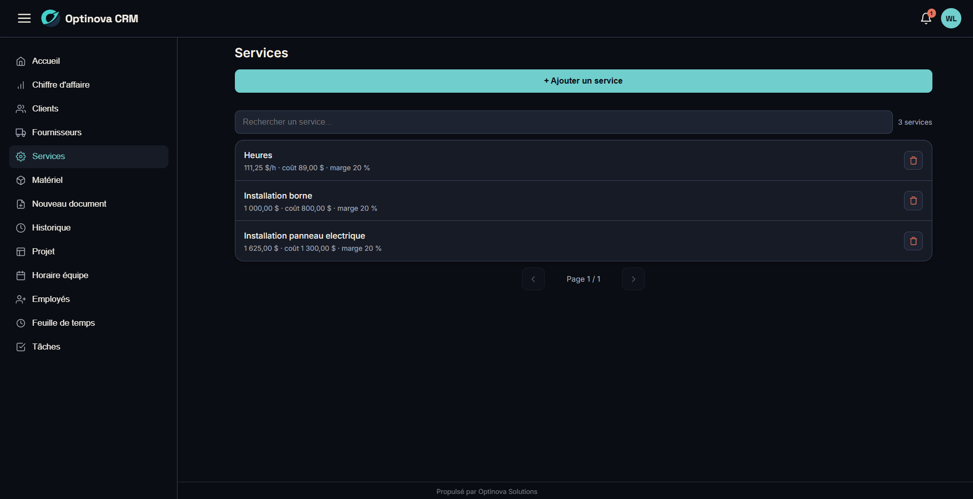 Liste des services du CRM Optinova